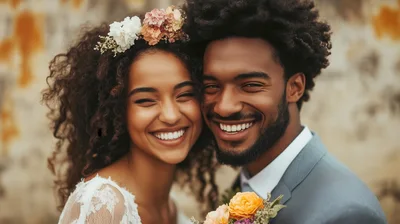 Happy Newlywed Couple Smiling Together Outdoors