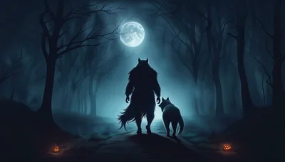 Werewolf Walking With A Wolf In A Dark Forest