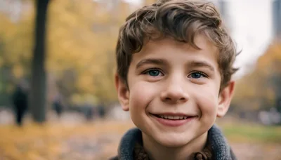 Portrait Of A Smiling Young Boy In Autumn Park