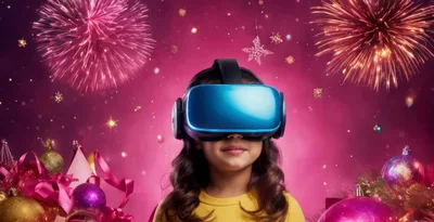 Young Girl Wearing Virtual Reality Headset During Holiday Celebration