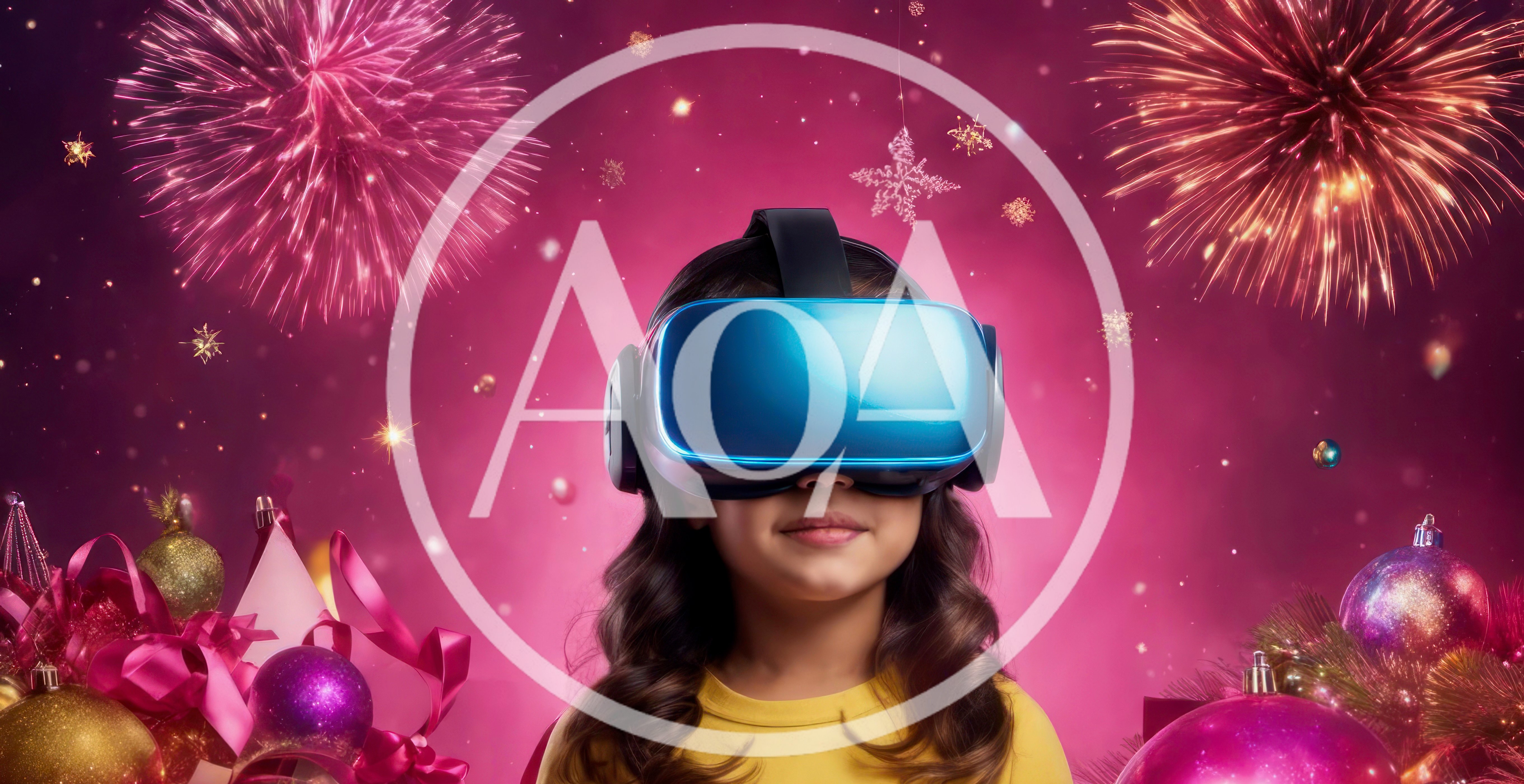 Young Girl Wearing Virtual Reality Headset During Holiday Celebration