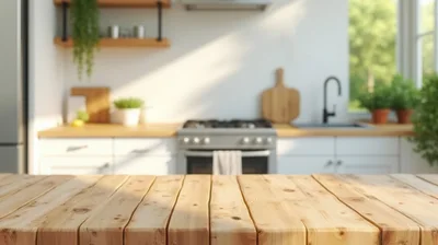 Wooden Kitchen Countertop With Blurred Modern Kitchen Background