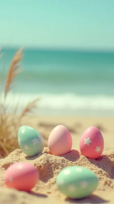 Pastel Easter Eggs Resting On Sandy Beach