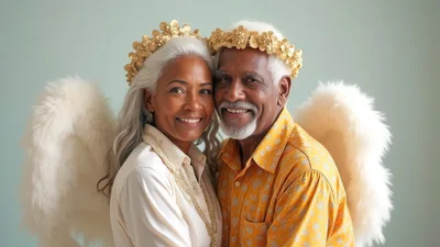 Senior Couple Dressed As Angels With Golden Crowns