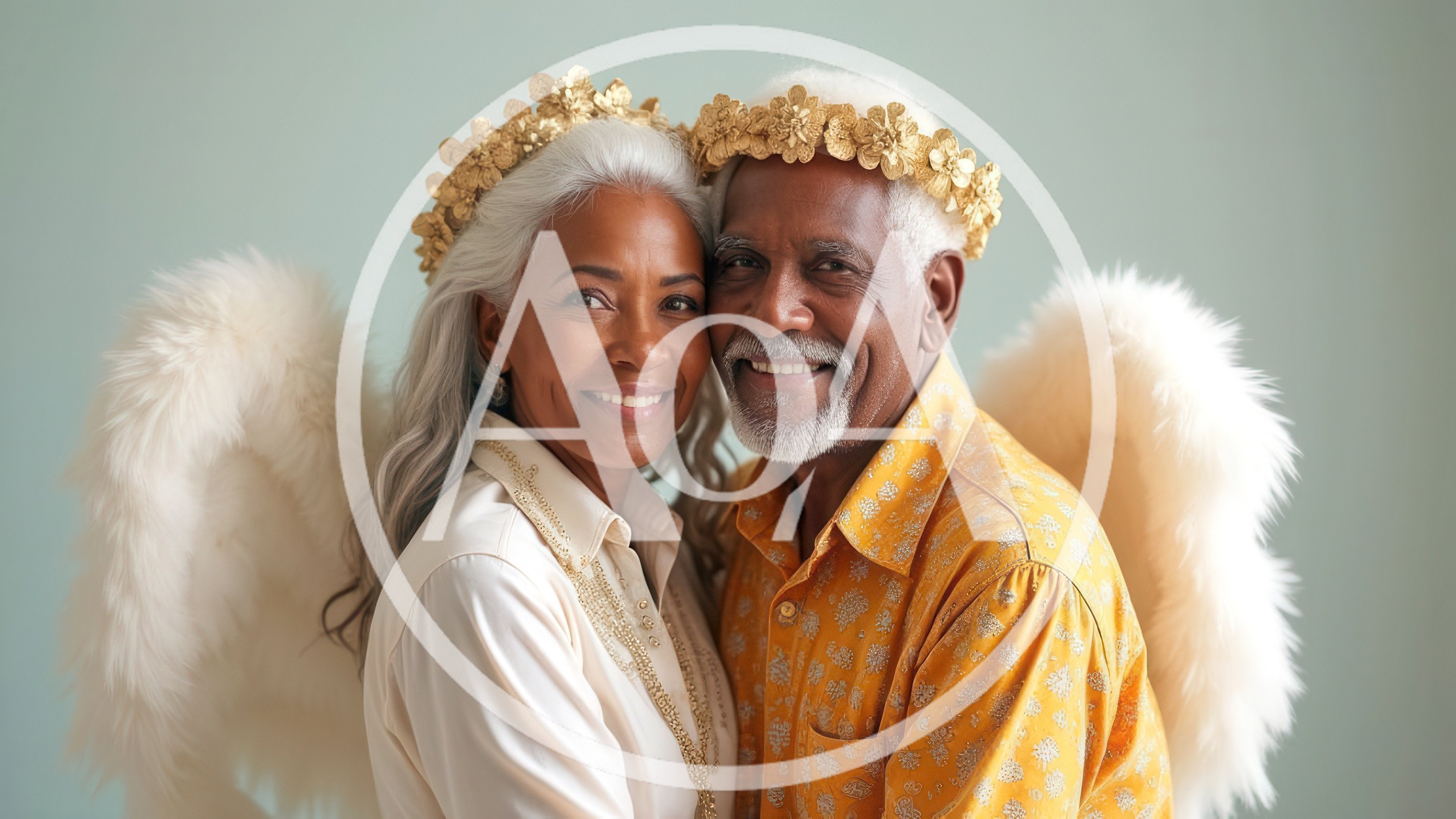 Senior Couple Dressed As Angels With Golden Crowns