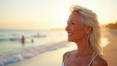 Smiling Mature Woman Enjoying Sunset At The Beach
