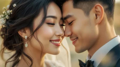 Close Up Portrait Of A Happy Newlywed Couple