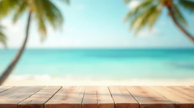 Wooden Table Overlooking Tropical Beach With Palm Trees