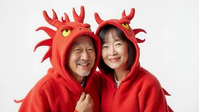 Senior Asian Couple Wearing Red Dragon Costumes