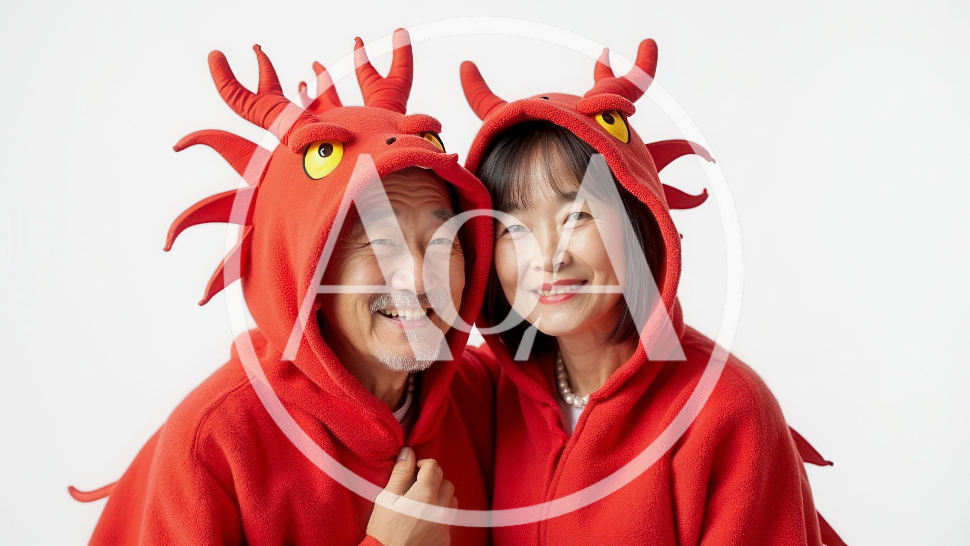 Senior Asian Couple Wearing Red Dragon Costumes