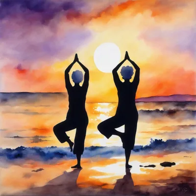 Two Women Practicing Yoga Tree Pose at Sunset