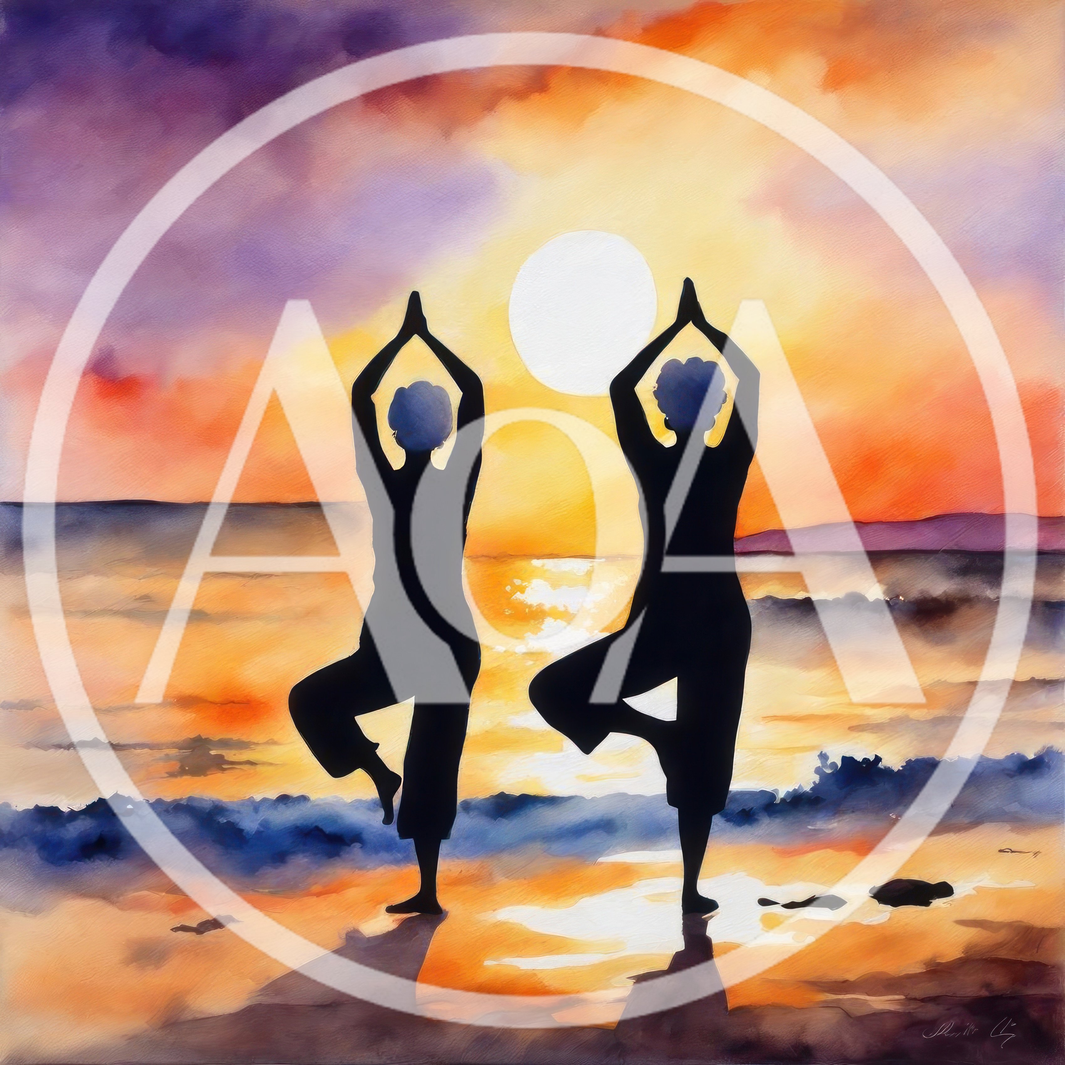 Two Women Practicing Yoga Tree Pose at Sunset
