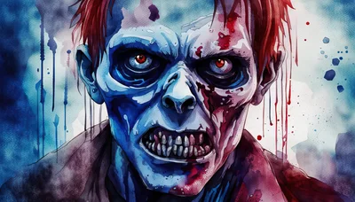 Watercolor Illustration Of A Terrifying Zombie Portrait