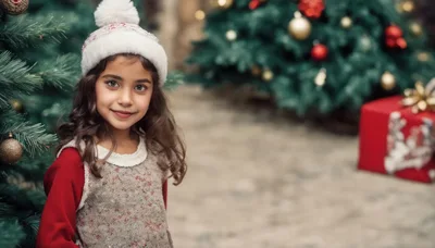 Young Girl Wearing Winter Hat Near Christmas Tree