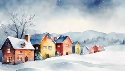 Watercolor Illustration Of A Snowy Village In Winter