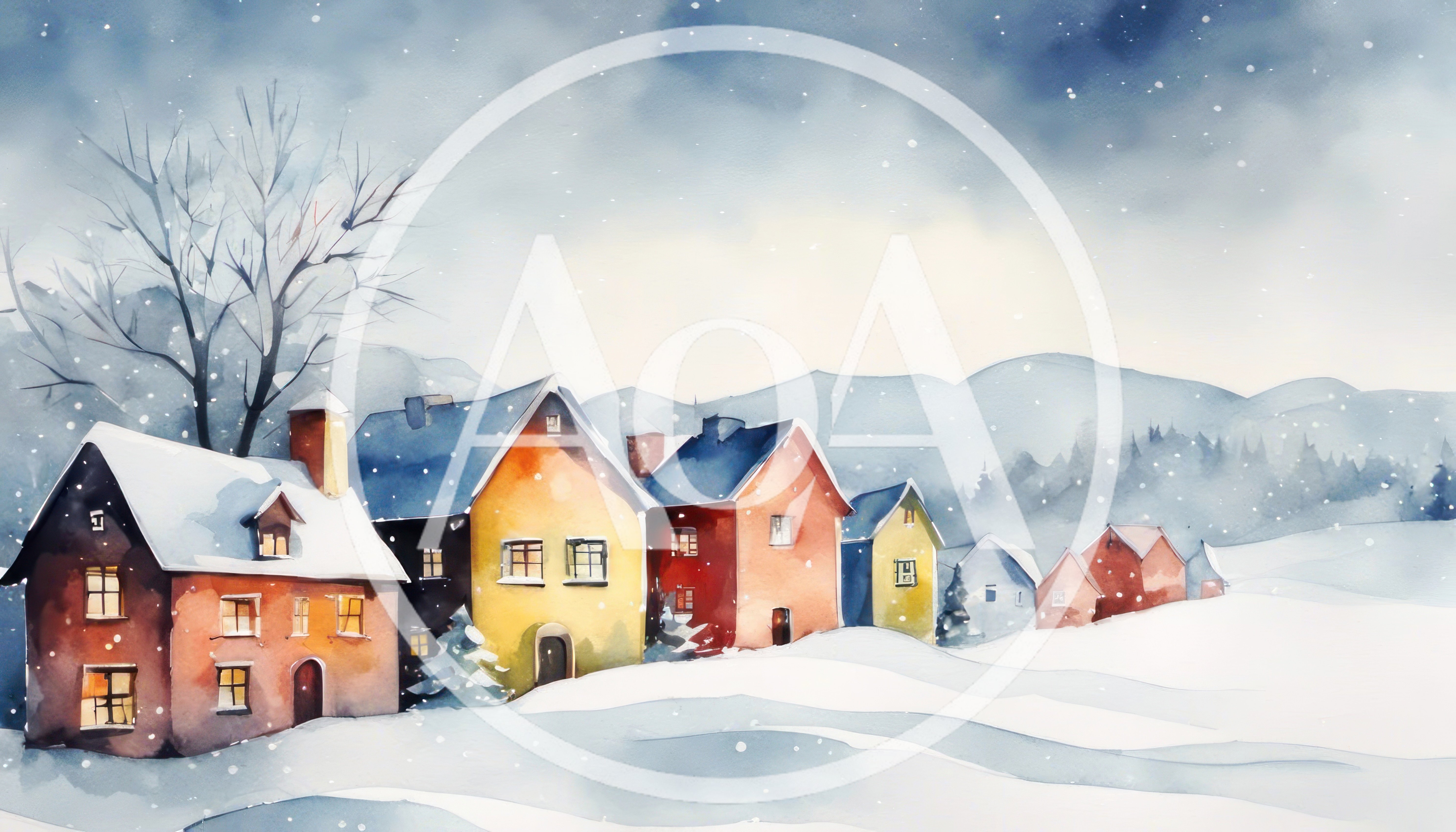 Watercolor Illustration Of A Snowy Village In Winter