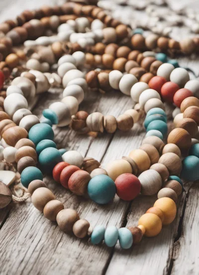 Handcrafted Wooden Bead Garland on Rustic Wood Surface