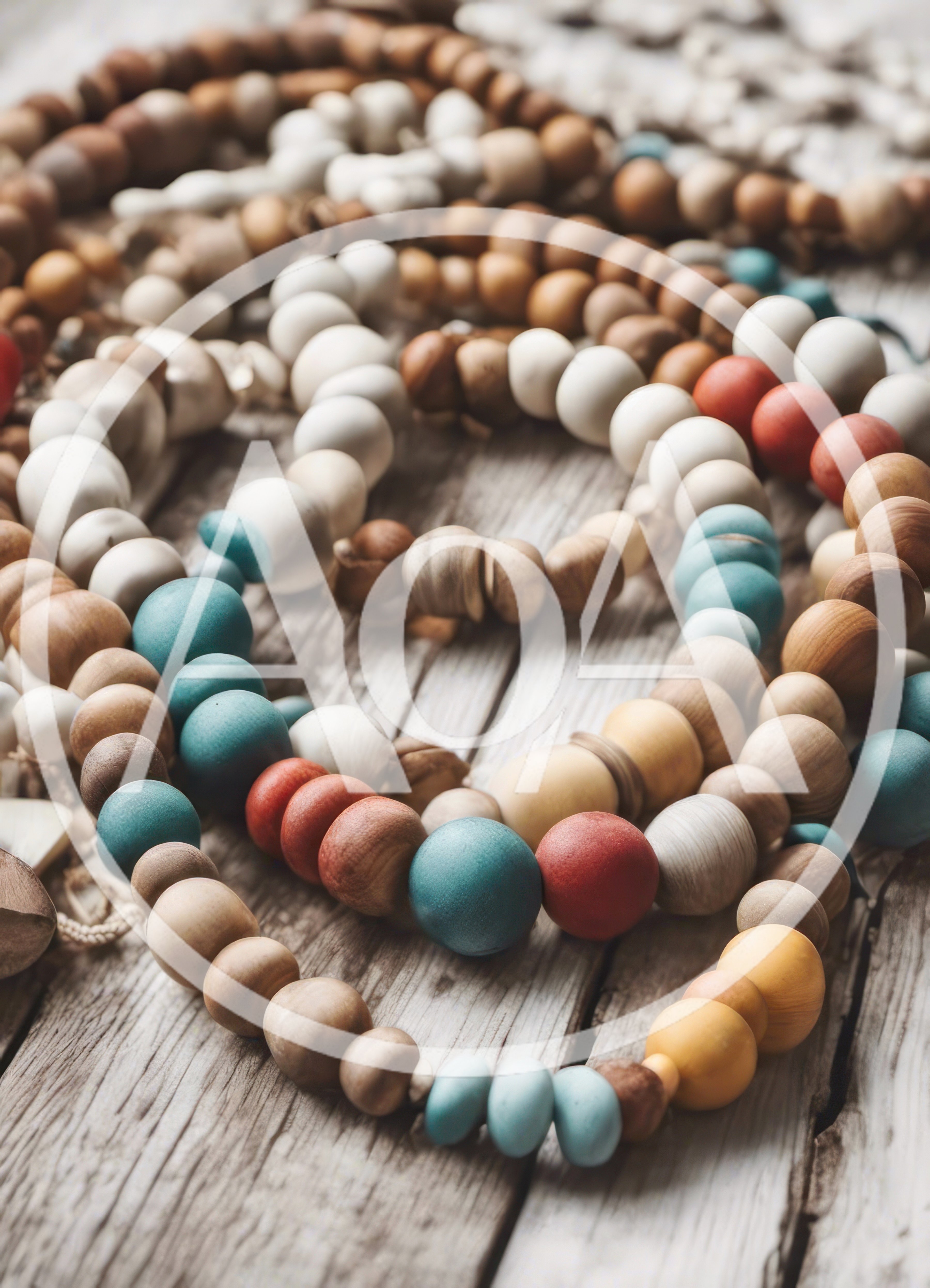 Handcrafted Wooden Bead Garland on Rustic Wood Surface