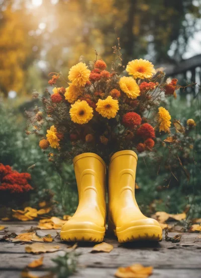 Yellow Rain Boots Filled With Autumn Flowers