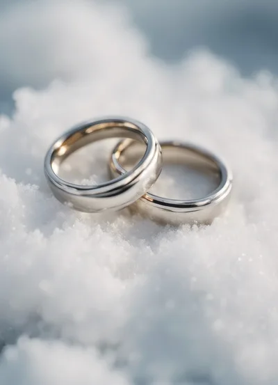Two Silver Wedding Rings Resting On Fresh White Snow
