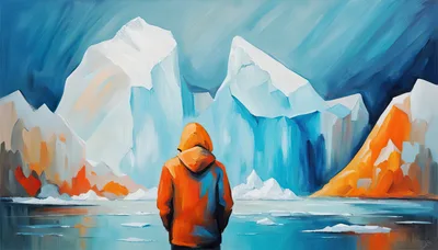 Person In Orange Jacket Standing Before Massive Glaciers