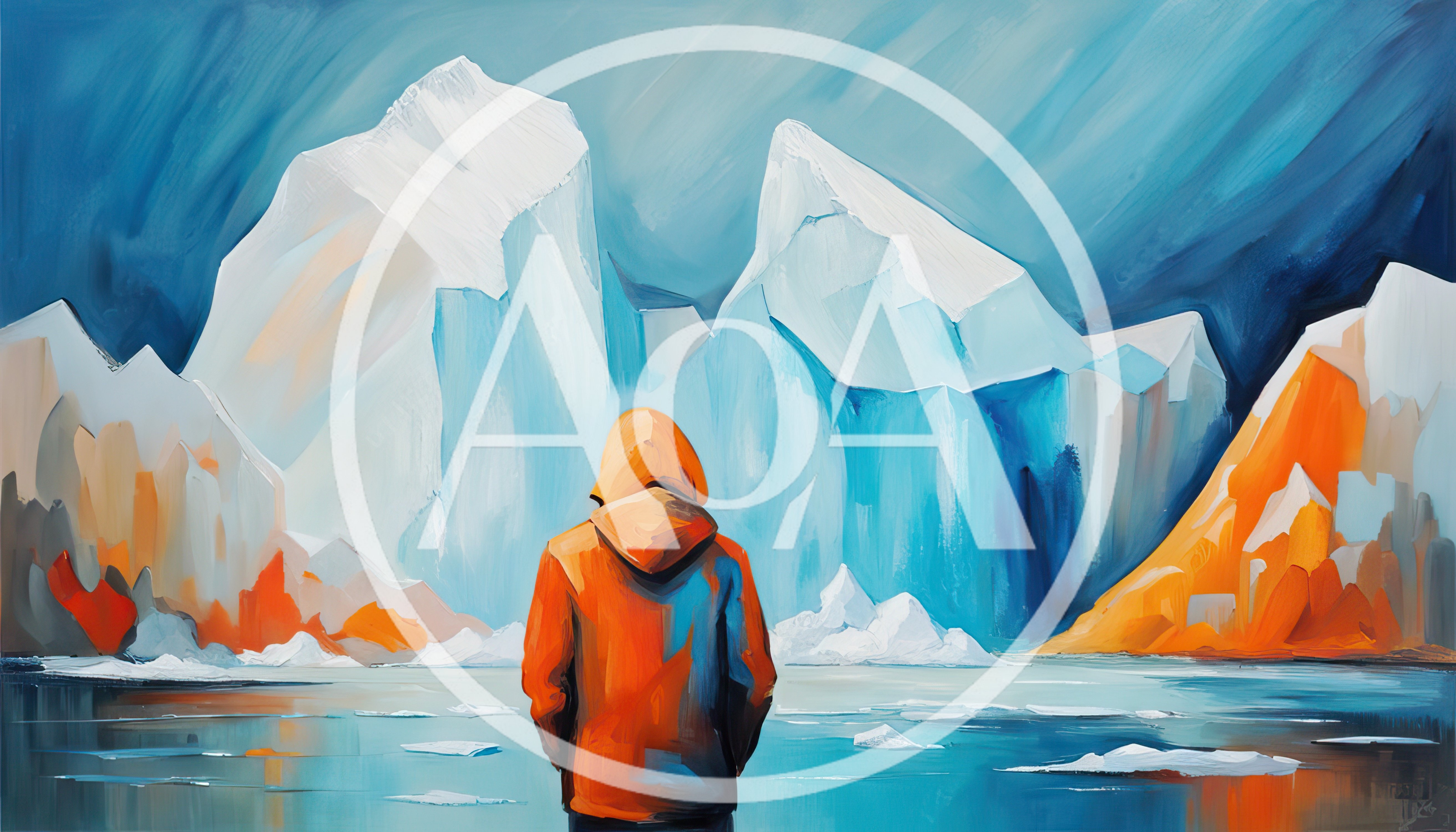 Person In Orange Jacket Standing Before Massive Glaciers