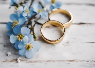 Two Gold Wedding Rings With Blue Flowers