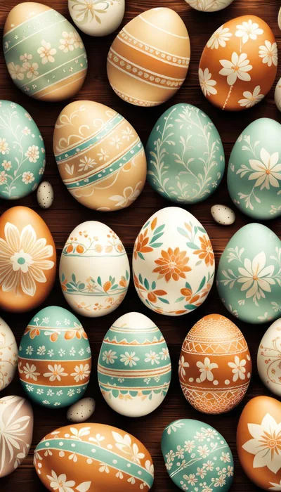 Decorative Easter Eggs Arranged on Dark Wooden Surface