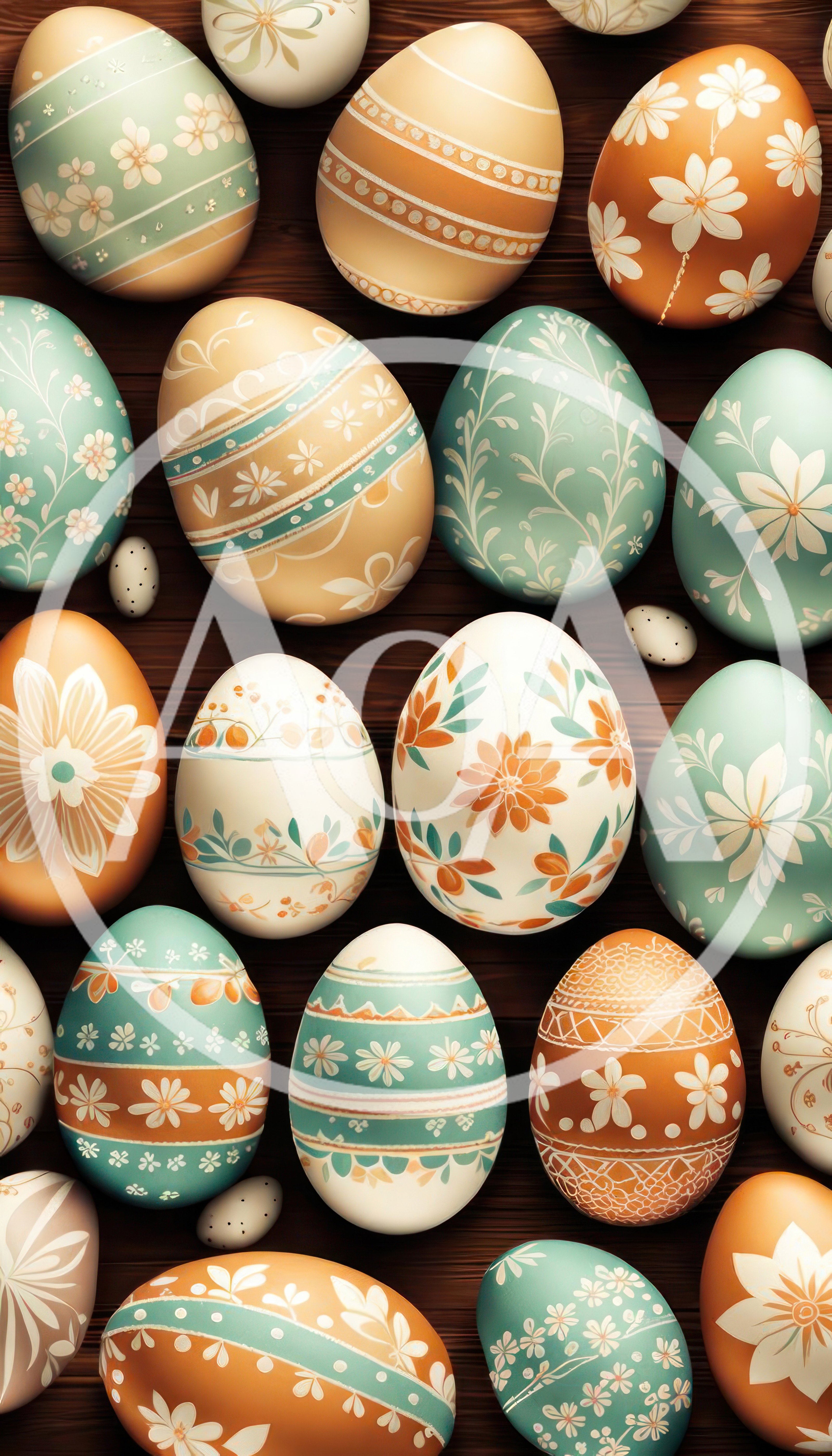 Decorative Easter Eggs Arranged on Dark Wooden Surface