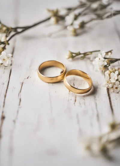 Two Gold Wedding Rings On White Rustic Wood