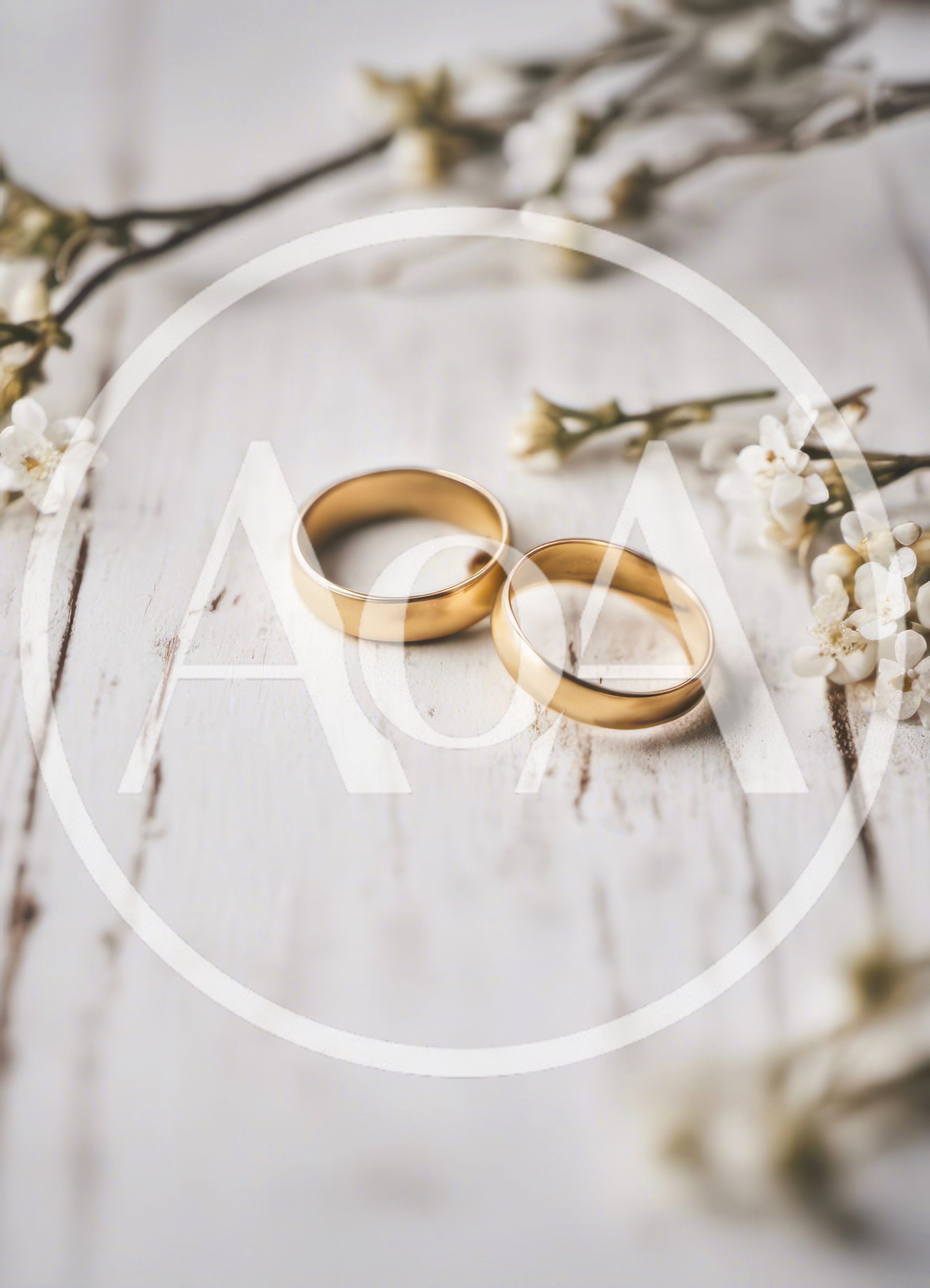 Two Gold Wedding Rings On White Rustic Wood
