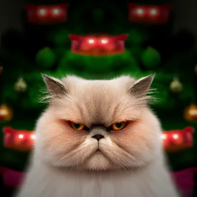Grumpy Persian Cat In Front Of Christmas Tree