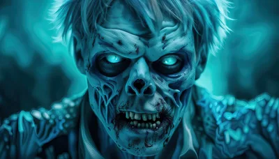 Close Up Portrait Of A Glowing Blue Zombie
