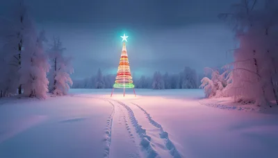 Illuminated Christmas Tree Standing In Snowy Winter Landscape