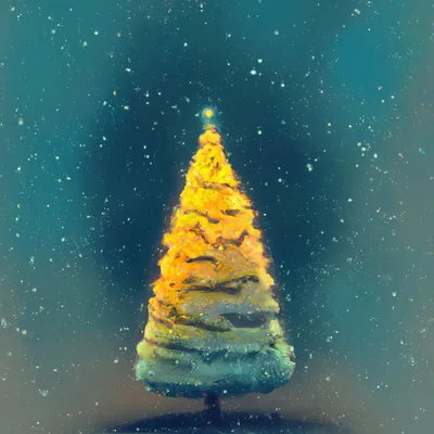 Abstract Glowing Christmas Tree Against Dark Snowy Background