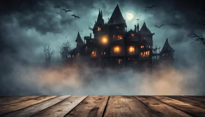 Spooky Haunted Mansion With Wooden Foreground