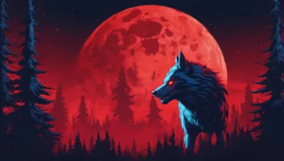 Dark Wolf Standing Before A Giant Red Moon