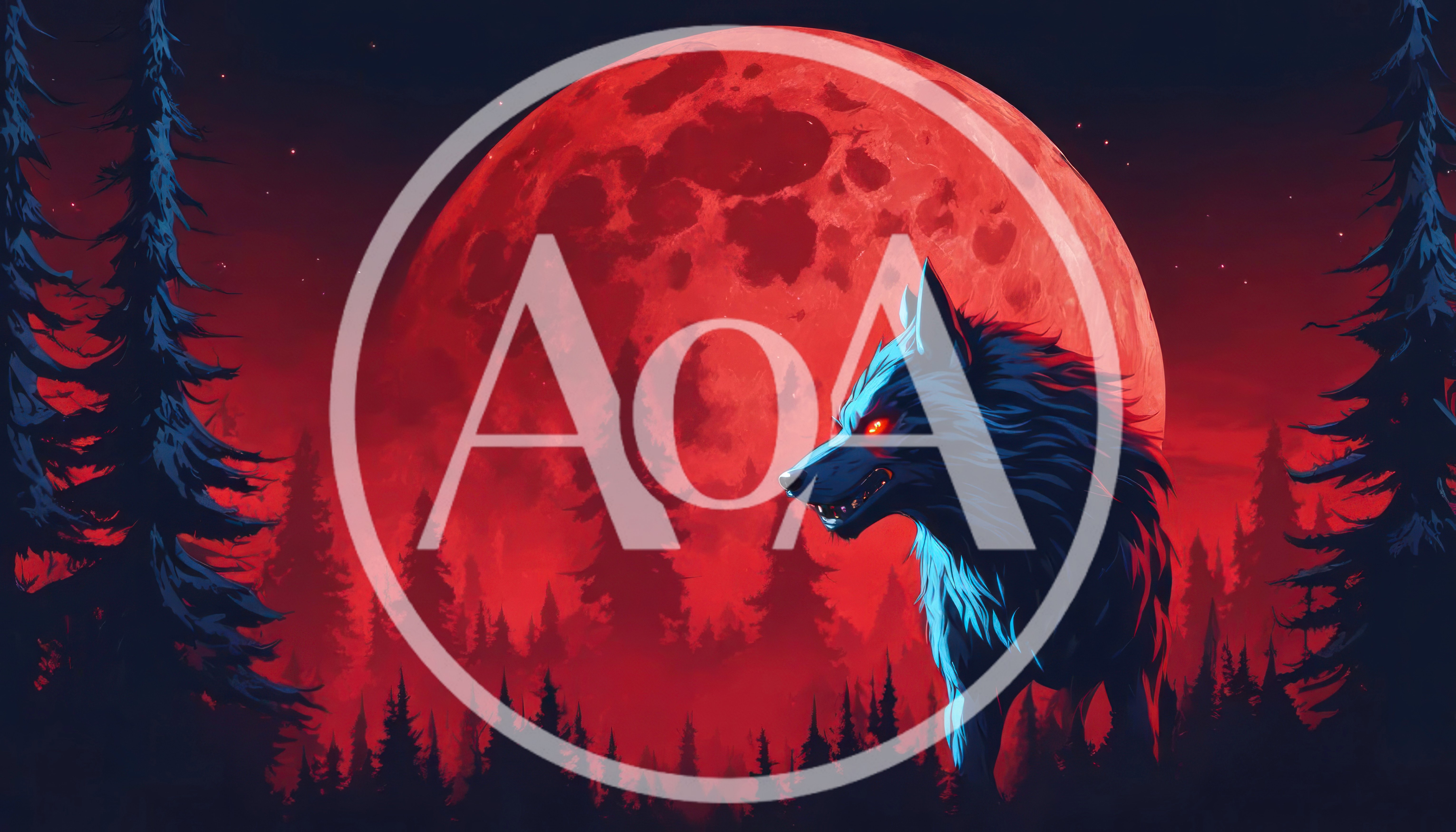 Dark Wolf Standing Before A Giant Red Moon