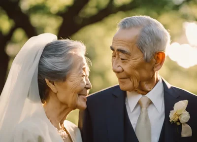 Elderly Asian Couple Celebrating Their Wedding Anniversary