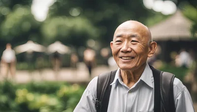 Smiling Elderly Asian Man Wearing A Backpack Outdoors