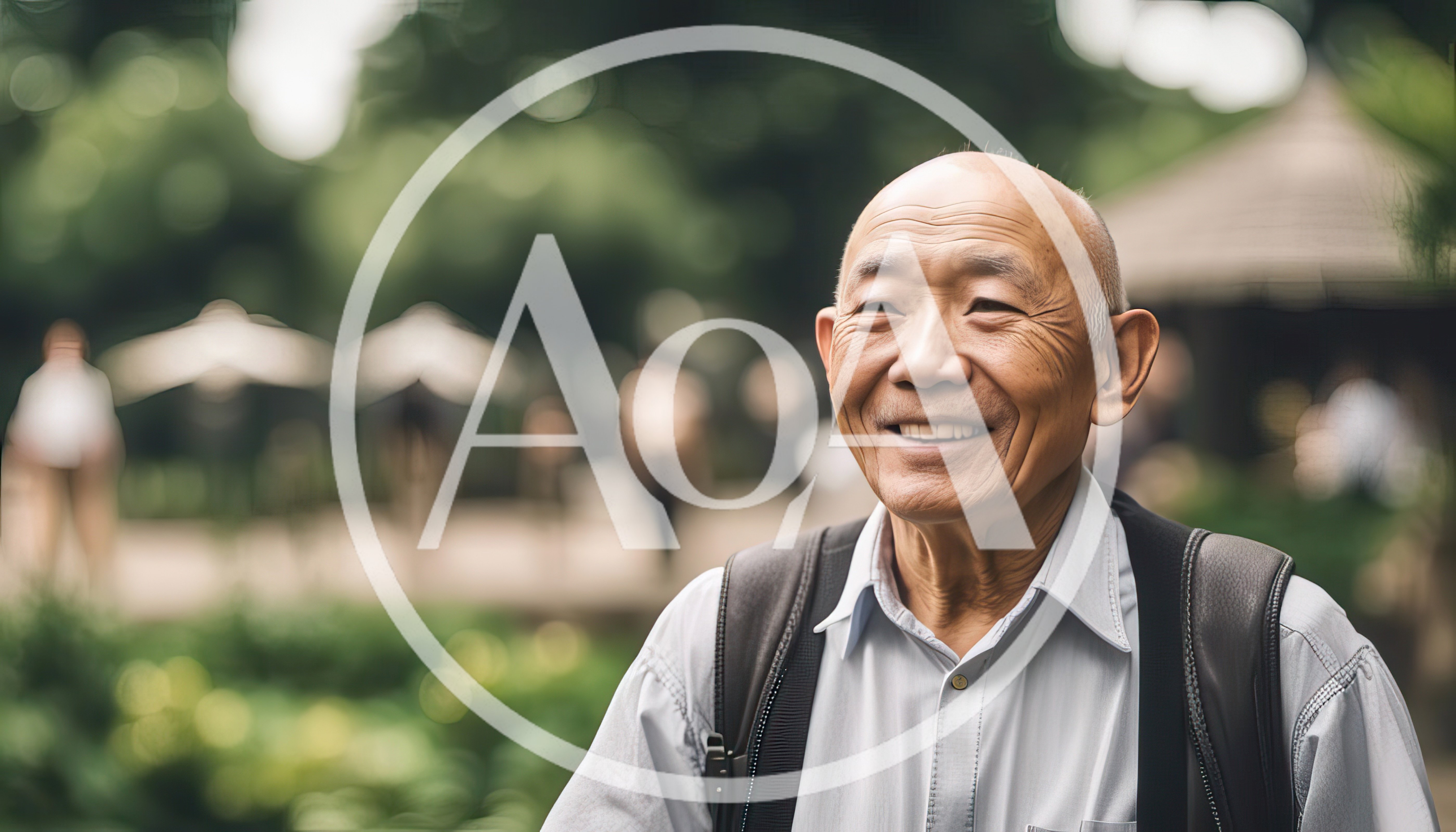 Smiling Elderly Asian Man Wearing A Backpack Outdoors