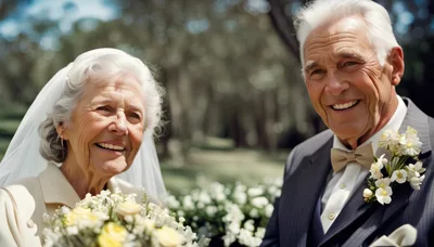 Elderly Couple Celebrating Their Wedding Day Outdoors
