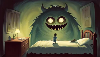 Child Standing Before A Large Monster In Bedroom