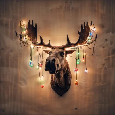Moose Head Wall Mount Decorated With Christmas Lights