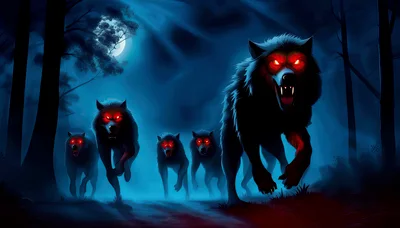 Pack Of Glowing Red Eyed Wolves Running In Forest