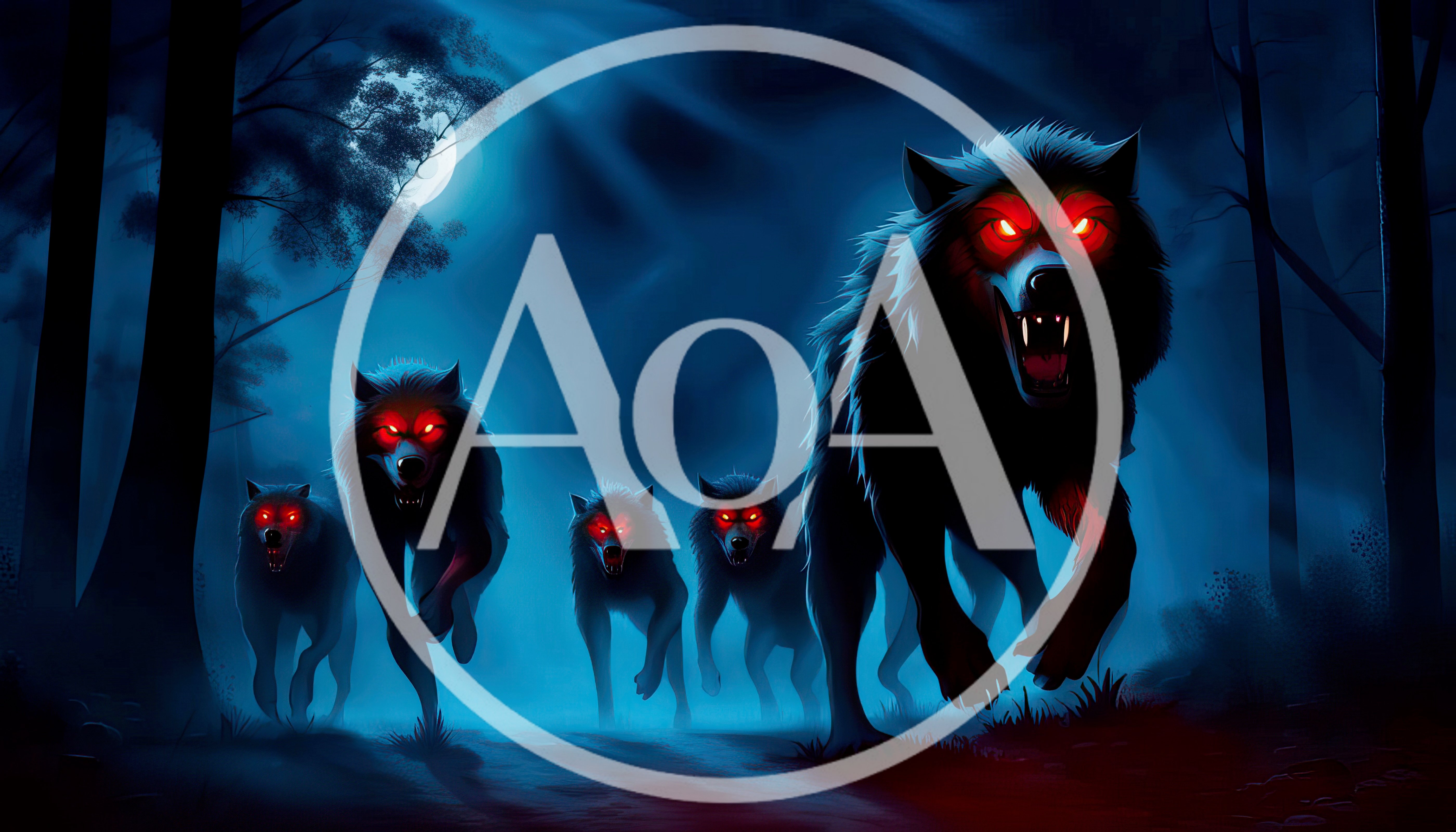 Pack Of Glowing Red Eyed Wolves Running In Forest