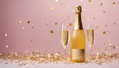 Champagne Bottle and Two Flutes with Gold Confetti