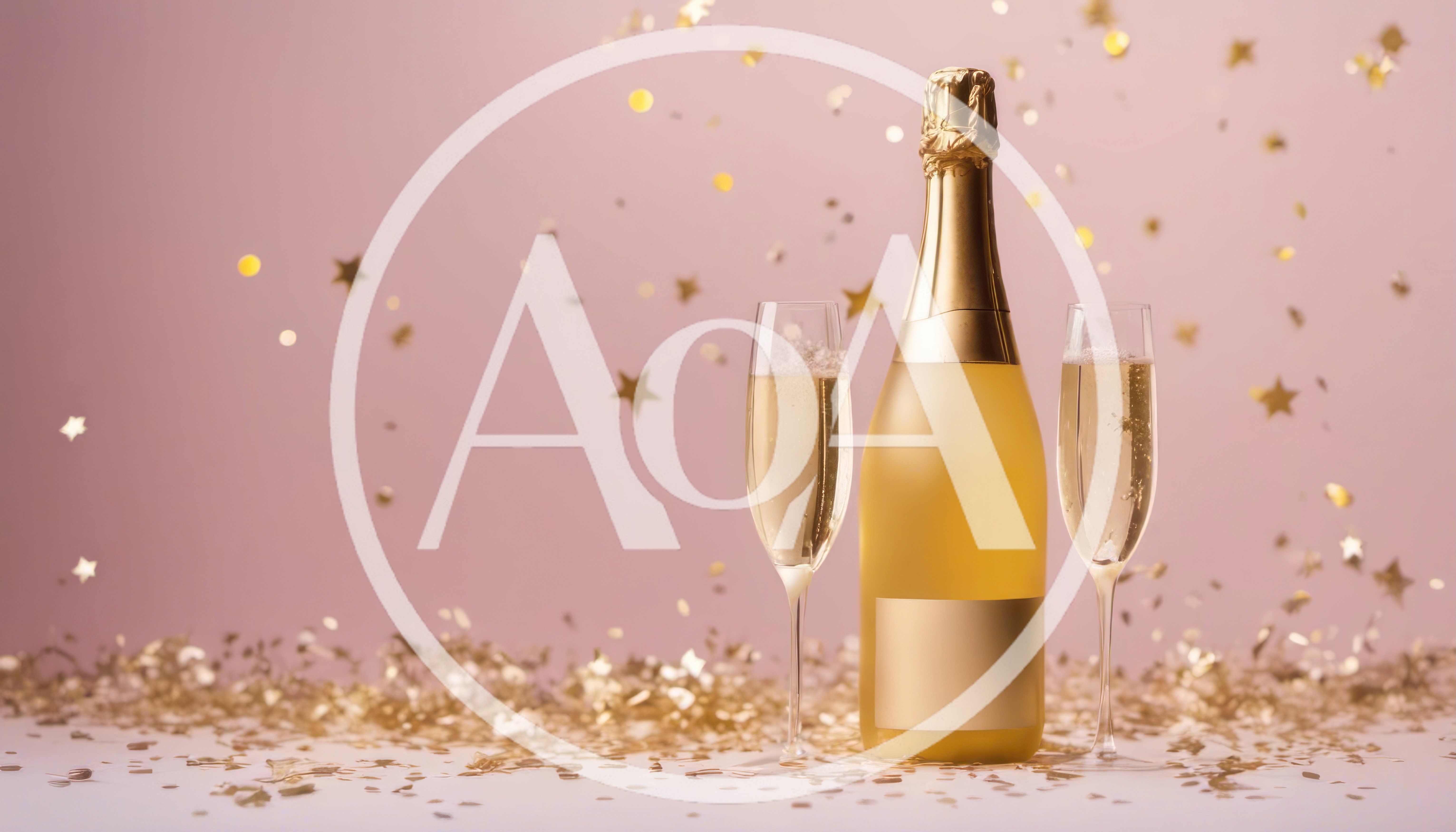 Champagne Bottle and Two Flutes with Gold Confetti