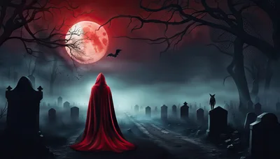 Mysterious Figure In Red Cloak Walking Through Foggy Graveyard