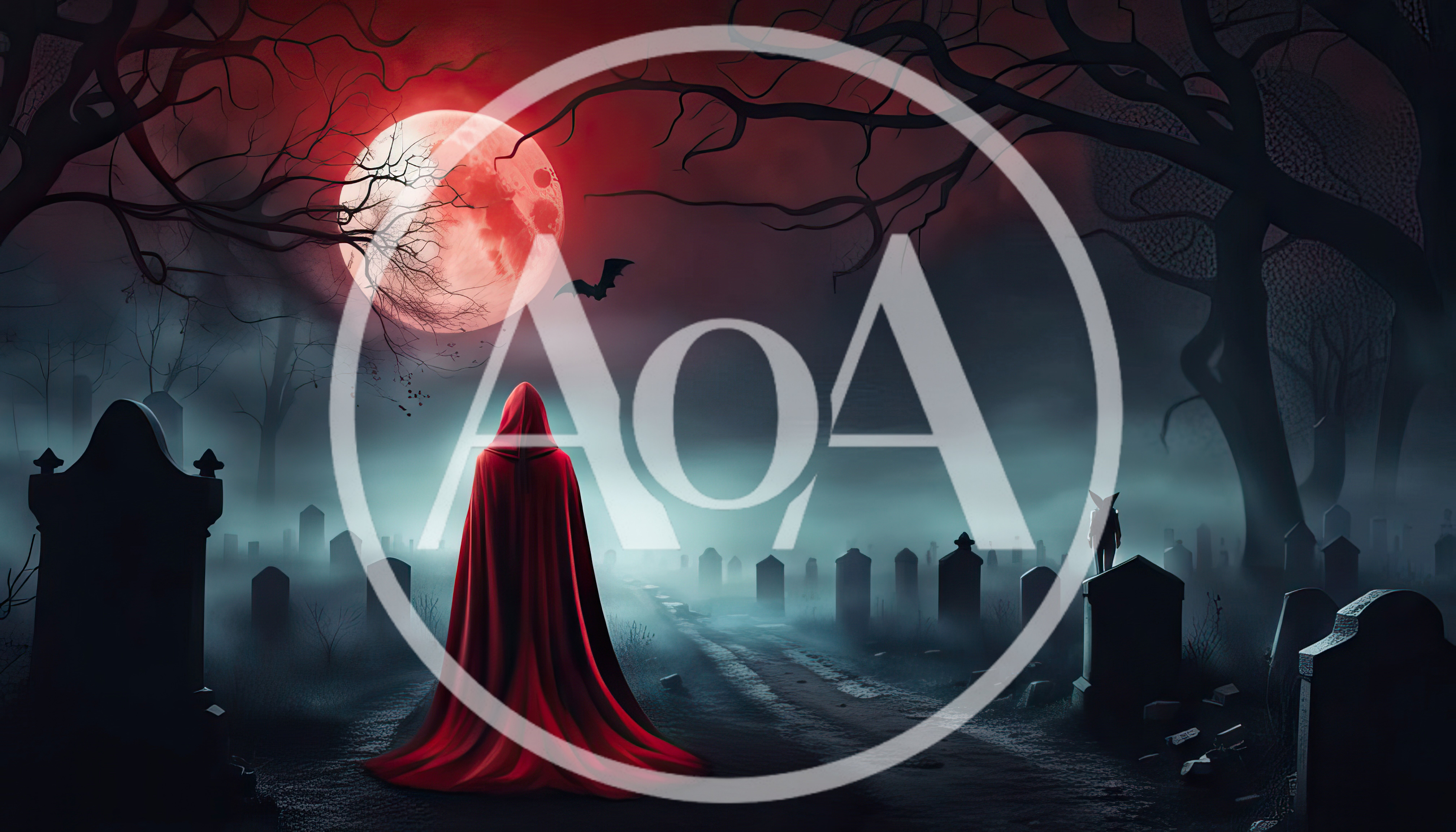 Mysterious Figure In Red Cloak Walking Through Foggy Graveyard